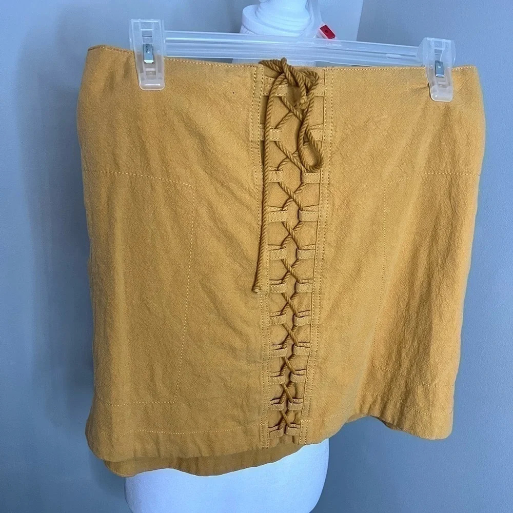 Free‎ People Mustard Linen Blend Lace Up Mini Skirt Boho Western Festival S